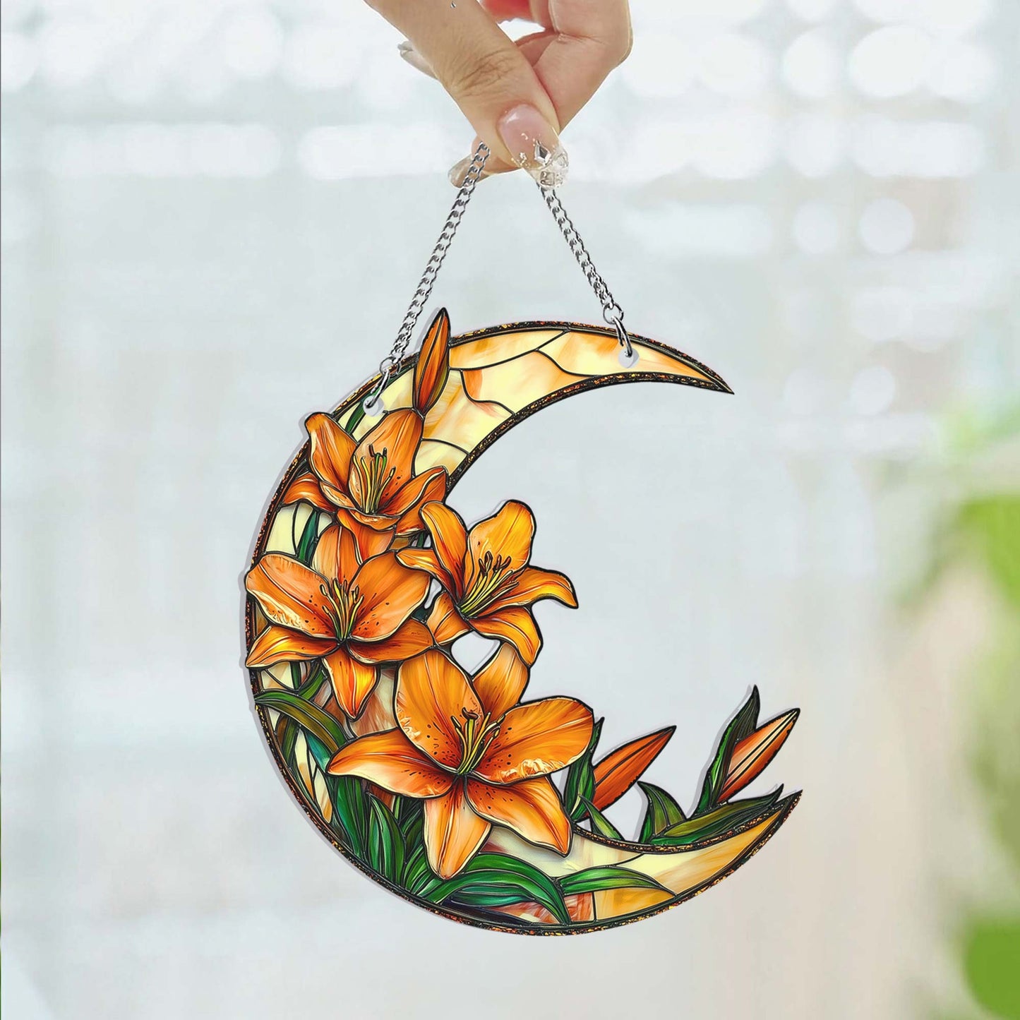 Lily Flower Acrylic Suncatcher, Crescent Moon with Lilies Suncatcher Window Hangings MLN5491HVN
