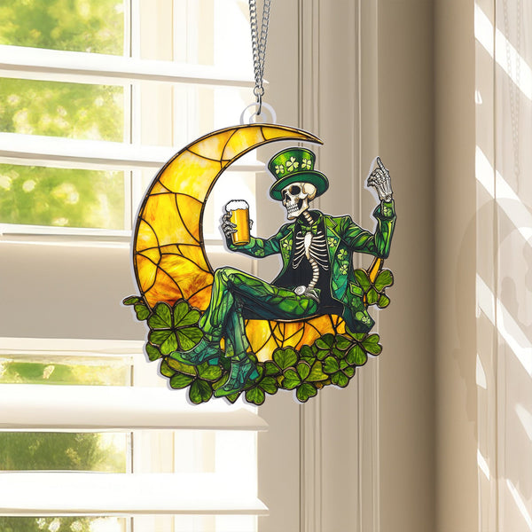 St Patrick's Day Skeleton On Moon Suncatcher Acrylic Hanging Sign VTM948AS