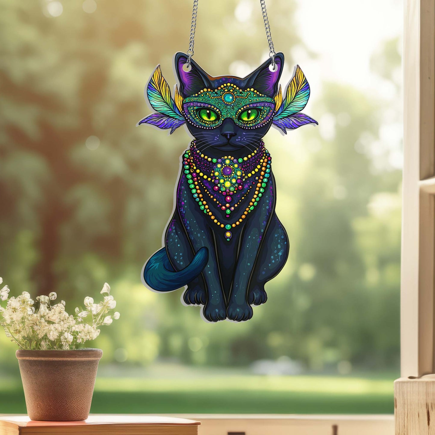 Black Cat Mardi Gras Suncatcher Acrylic Hanging Sign TQN4664AS