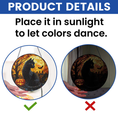 Black Cat Halloween Pumpkins Stained Glass Suncatcher MLN6311NGT