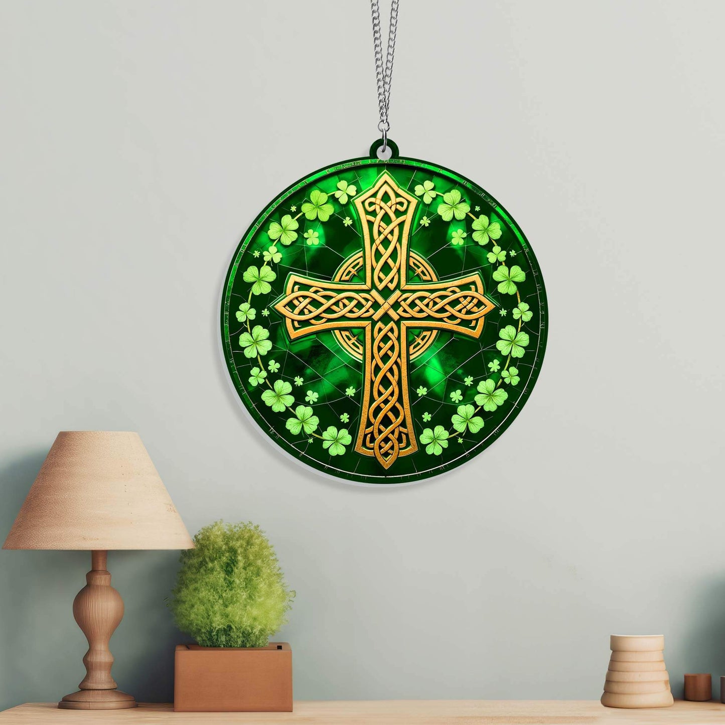 Irish Celtic Cross Shamrock St. Patrick's Day Acrylic Suncatcher Hanging Sign MLN5030AS