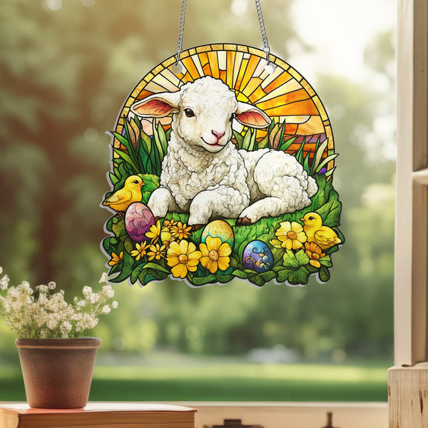 Easter Lamb &amp; Chicks Suncatcher Acrylic Hanging Sign MLN4897NGT