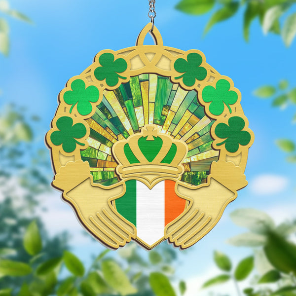 Claddagh Ring Irish Shamrock 2 Layered Hanging Suncatcher MLN4096WH