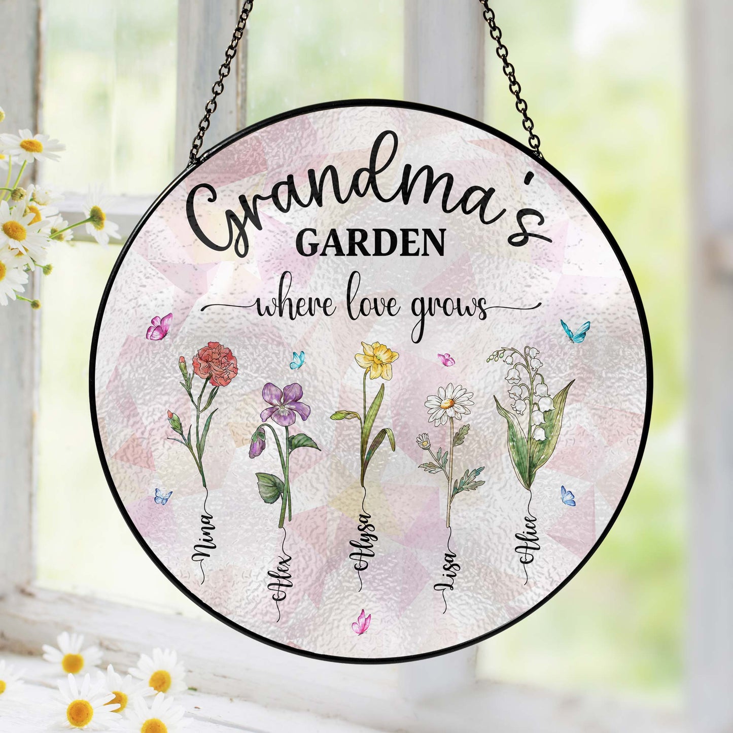 Personalized Grandma&#39;s Garden Stained Glass Suncatcher, Birth Month Flowers Stained Glass, Mothers Day Gifts For Nana Custom Garden Decor