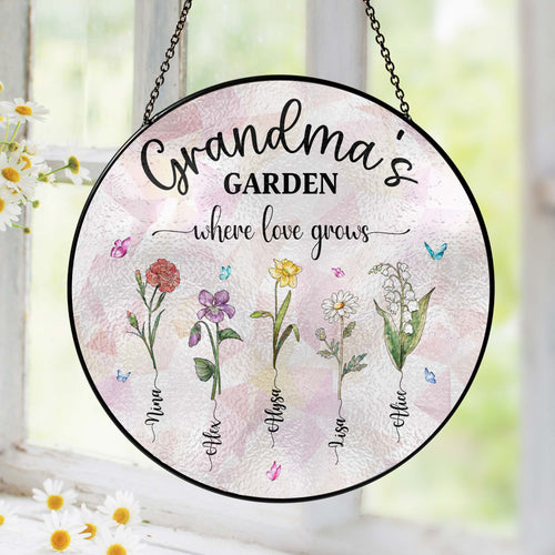 Personalized Grandma&#39;s Garden Stained Glass Suncatcher, Birth Month Flowers Stained Glass, Mothers Day Gifts For Nana Custom Garden Decor