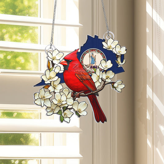 Virginia Cardinal &amp; Flowering Dogwood Suncatcher - Hanging Sign Gift for State Pride &amp; Nature Enthusiasts VTM1018NGT