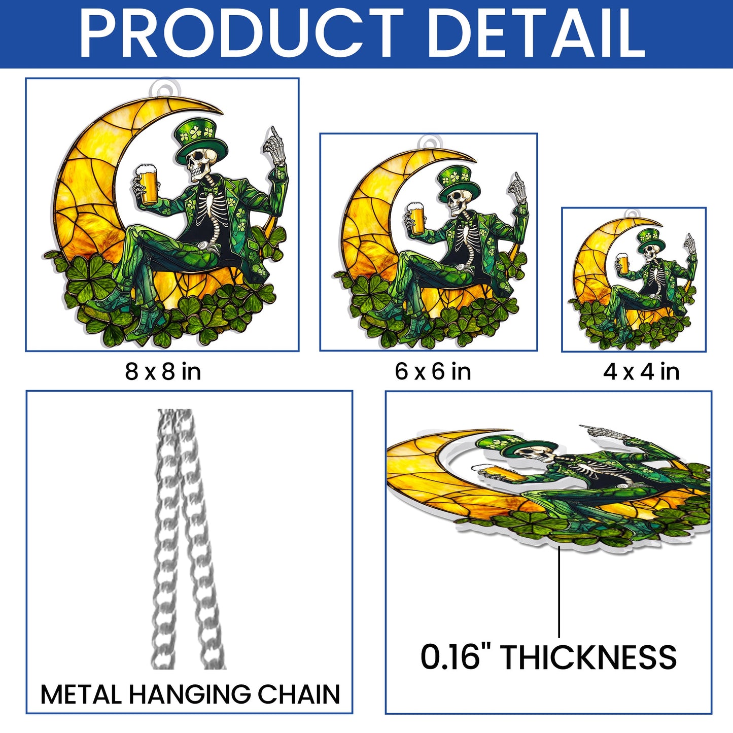 St Patrick's Day Skeleton On Moon Suncatcher Acrylic Hanging Sign VTM948AS