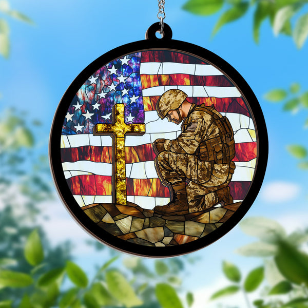 American Flag with Cross Veteran Day 2 Layered Hanging Suncatcher VTM390WH