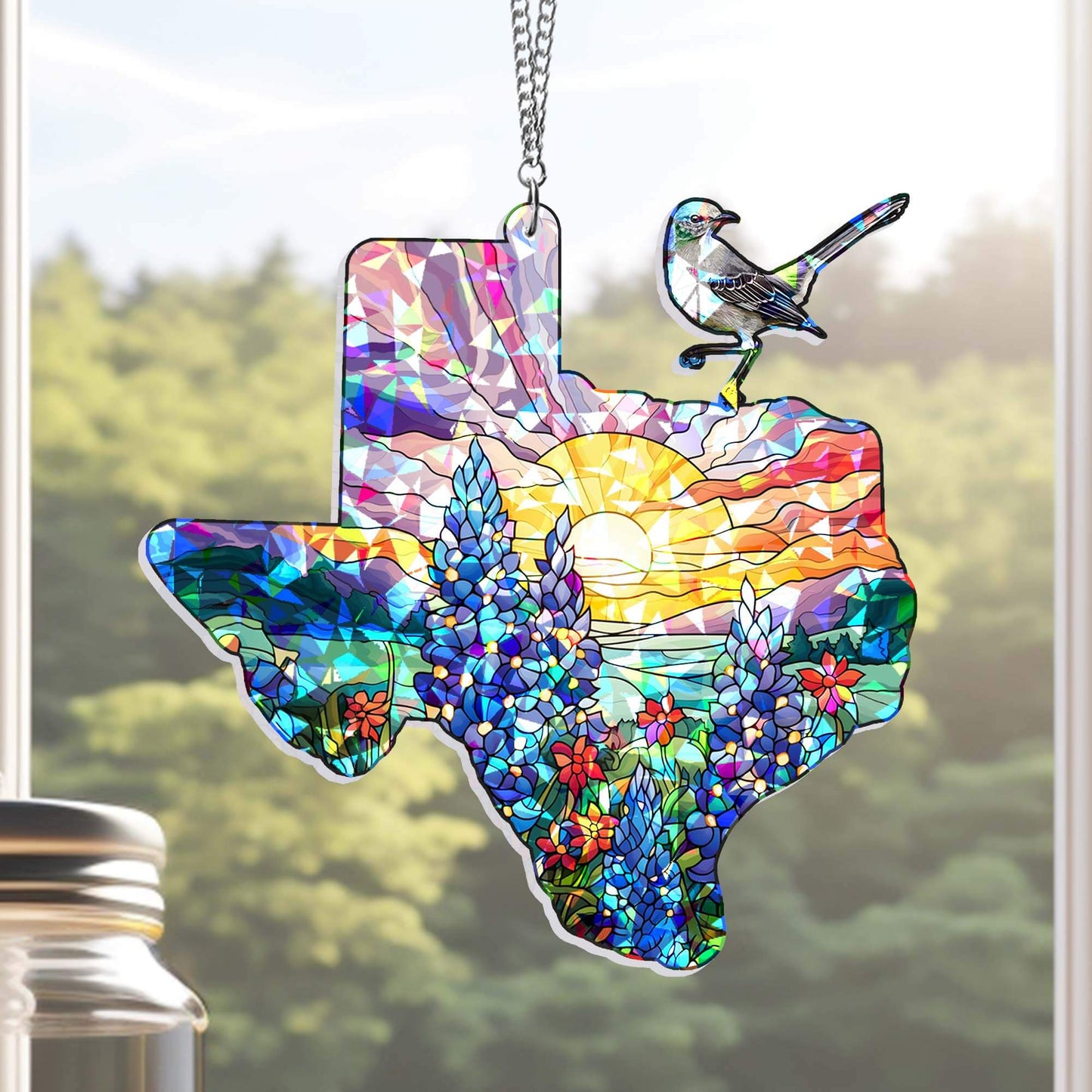 Texas with Northern Mockingbird and Bluebonnet, Texas Hologram Window Hanging TPT2759TNB
