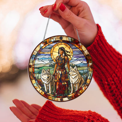 Native American Wolf Suncatcher Acrylic Hanging Sign TQN4674AS