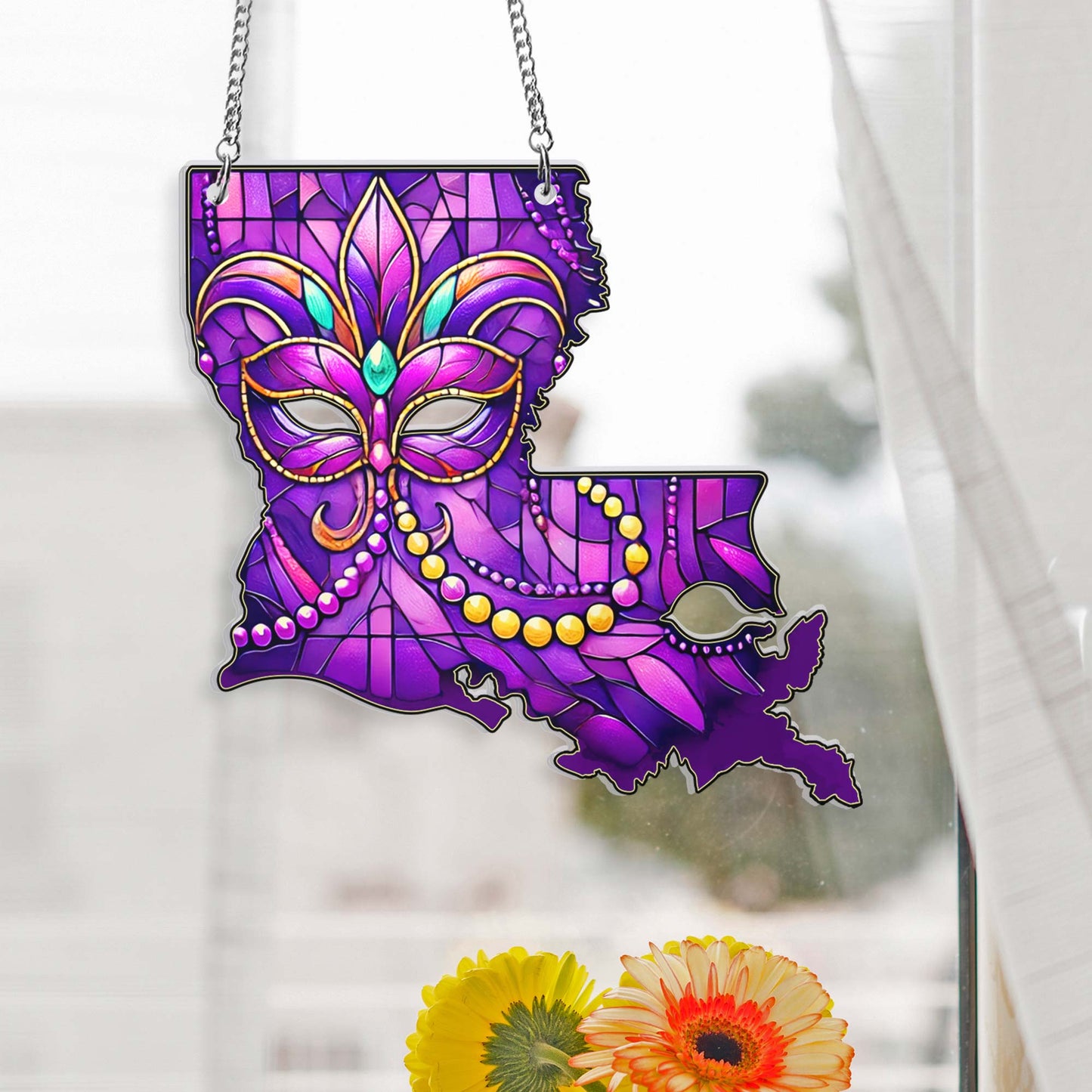 Louisiana Map Mardi Gras Suncatcher Acrylic Hanging Sign TQN4573AS