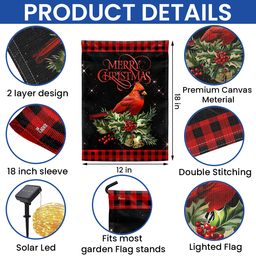 Cardinal Merry Christmas Solar LED Garden Flag QTR408SF 3-Day Shipping