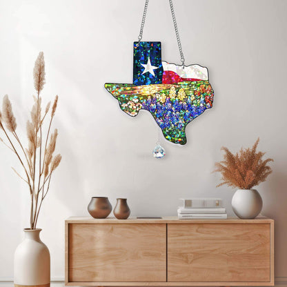 Texas Flag and Bluebonnets Flower Hologram Window Hanging VTM1526TNB