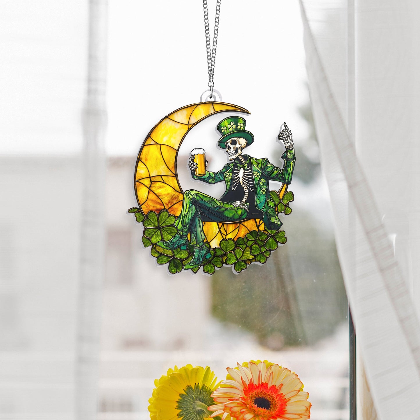 St Patrick's Day Skeleton On Moon Suncatcher Acrylic Hanging Sign VTM948AS
