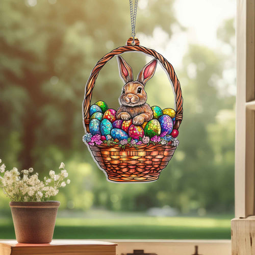 Rabbit in Egg Basket  Suncatcher Acrylic Window Hanging MLN5119DNV