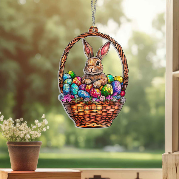 Rabbit in Egg Basket  Suncatcher Acrylic Window Hanging MLN5119DNV