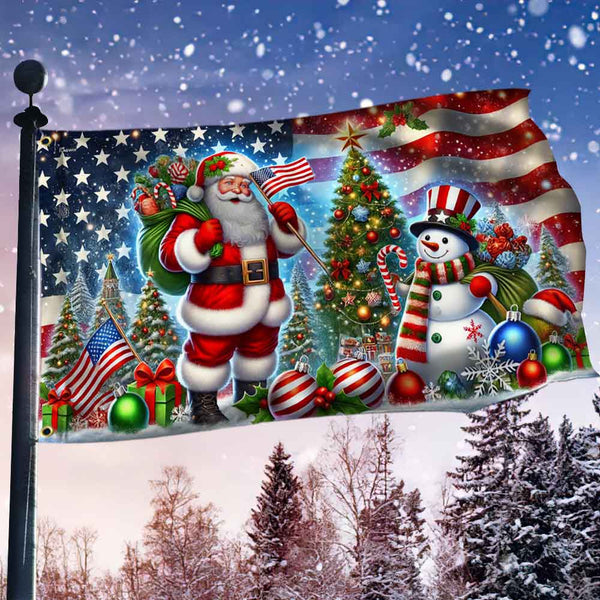Christmas American With Santa Claus and Snowman Christmas Tree Grommet Flag MLN4540GF
