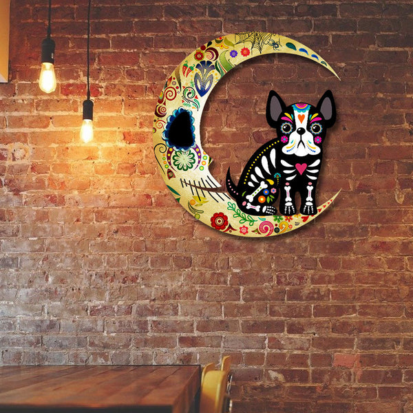 French Bulldog On The Moon Sugar Skull Hanging Metal Sign QNN678MSv2