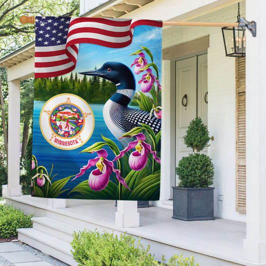 Minnesota State Lady’s Slipper Flower and Loon Minnesota Flag TPT2142F