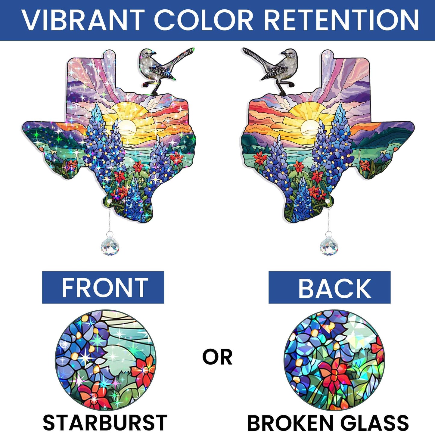 Texas with Northern Mockingbird and Bluebonnet, Texas Hologram Window Hanging TPT2759TNB