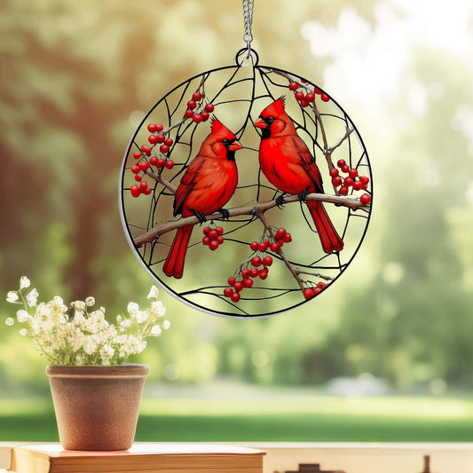 Cardinals On Red Berry Tree, Christmas Memorial Cardinal Suncatcher Acrylic Hanging TPT2202AS