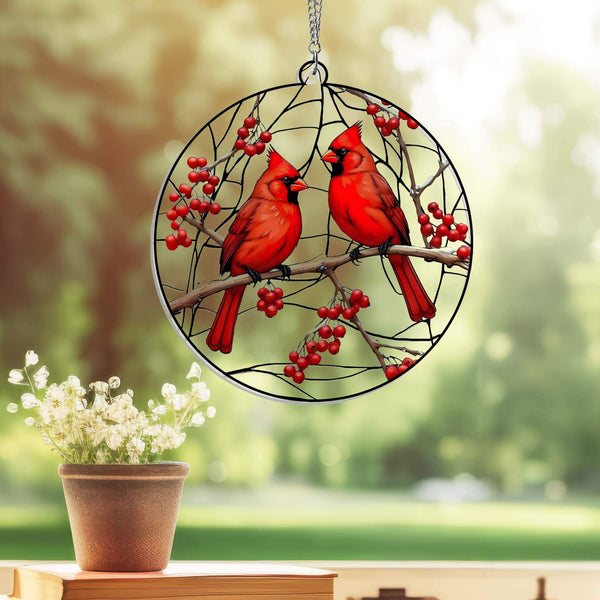 Cardinals On Red Berry Tree, Christmas Memorial Cardinal Suncatcher Acrylic Hanging TPT2202AS