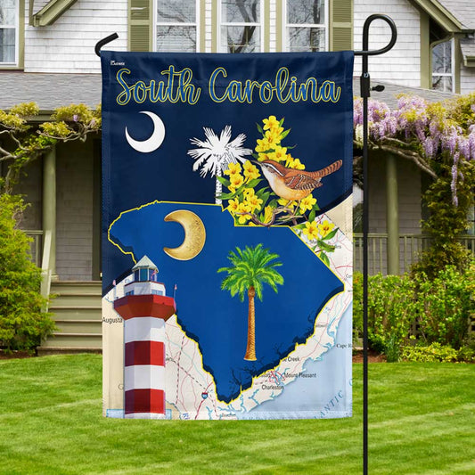 South Carolina Palmetto Tree and Gorget. Carolina Wren Bird and Yellow Jessamine Flower. SC Lighthouse Flag MLN1651F