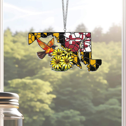 Maryland Black-eyed Susan and Flower Baltimore Oriole Bird Stained Glass Suncatcher Acrylic Haning Window TPT1035ASv2n