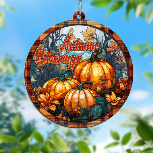 Autumn Blessings, Fall Pumpkin Decor 2 Layered Hanging Suncatcher HTT353WH