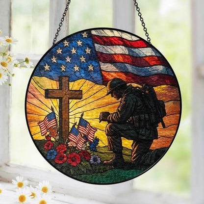 Patriotic Kneeling Soldier Memorial Day Veteran Day Stained Glass Suncatcher TQN5368TNB
