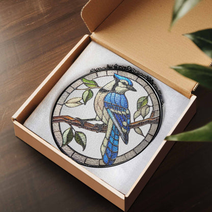 Blue Jay Birdwatching Stained Glass Suncatcher TQN5087TTH