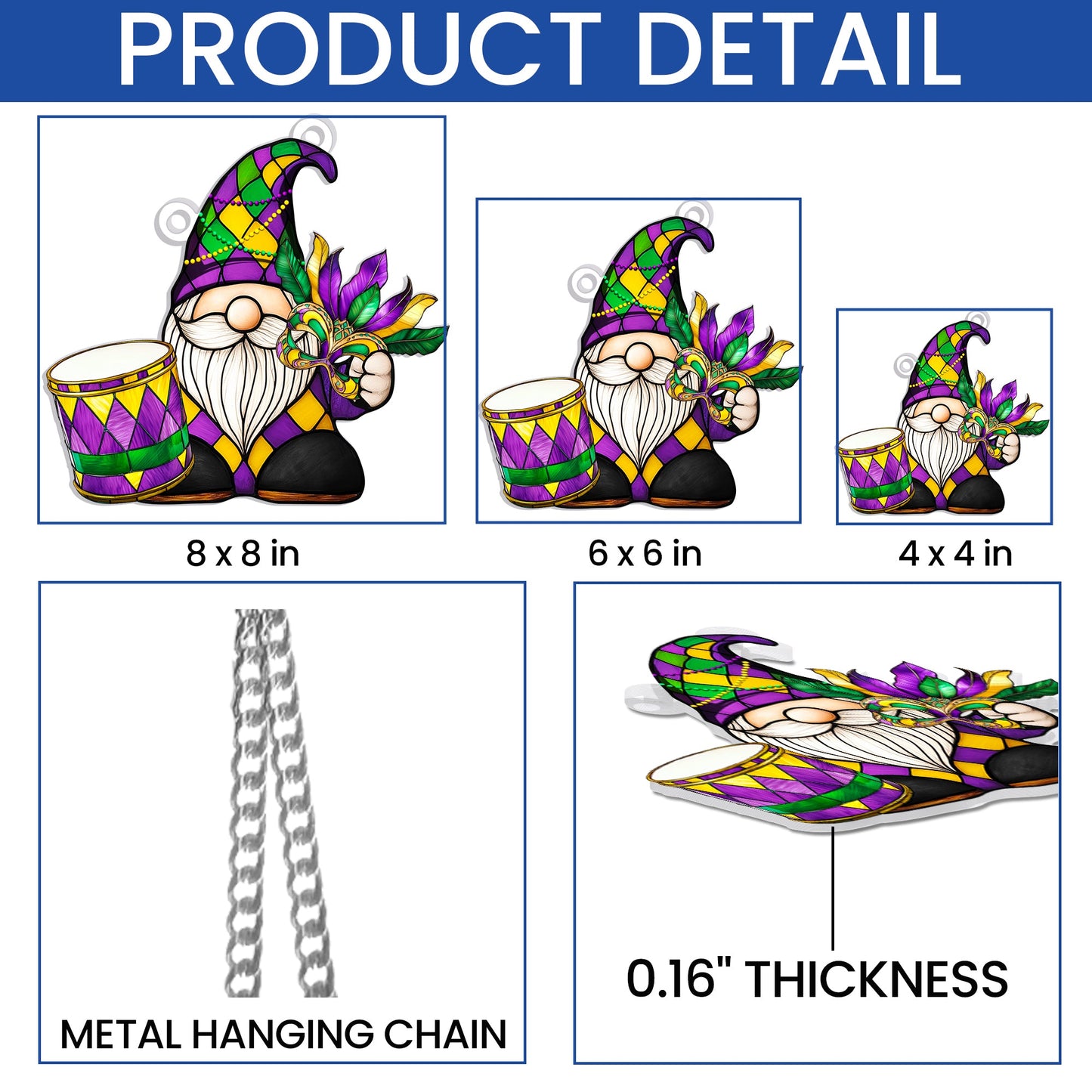 Mardi Gras Gnome Suncatcher, Fat Tuesday Carnival Parade Acrylic Hanging Sign TQN4678AS