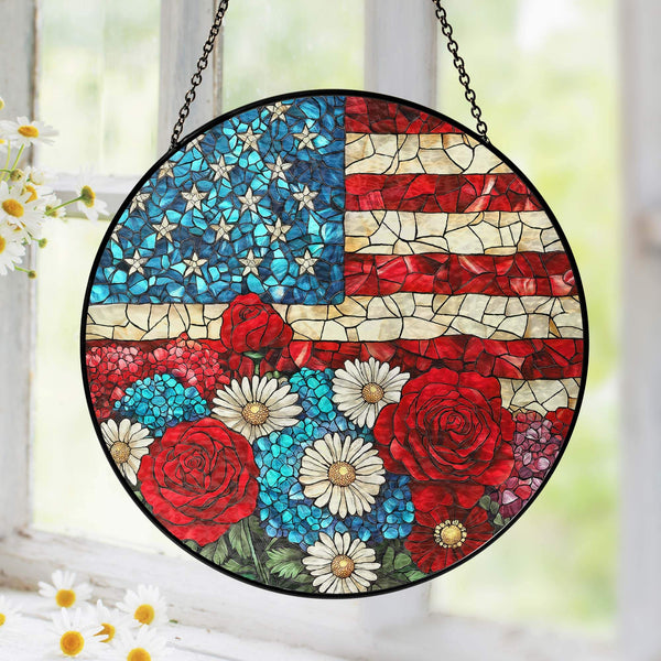 Flagwix American Flag - Patriotic Floral USA Flag Stained Glass Suncatcher Window Decor TQN5562TNB