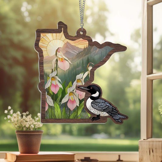 Minnesota State Lady’s Slipper Flower and Loon Minnesota 2 Layered Hanging Suncatcher TPT2163WH