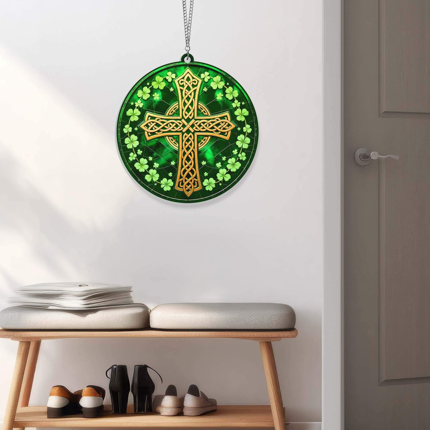 Irish Celtic Cross Shamrock St. Patrick's Day Acrylic Suncatcher Hanging Sign MLN5030AS