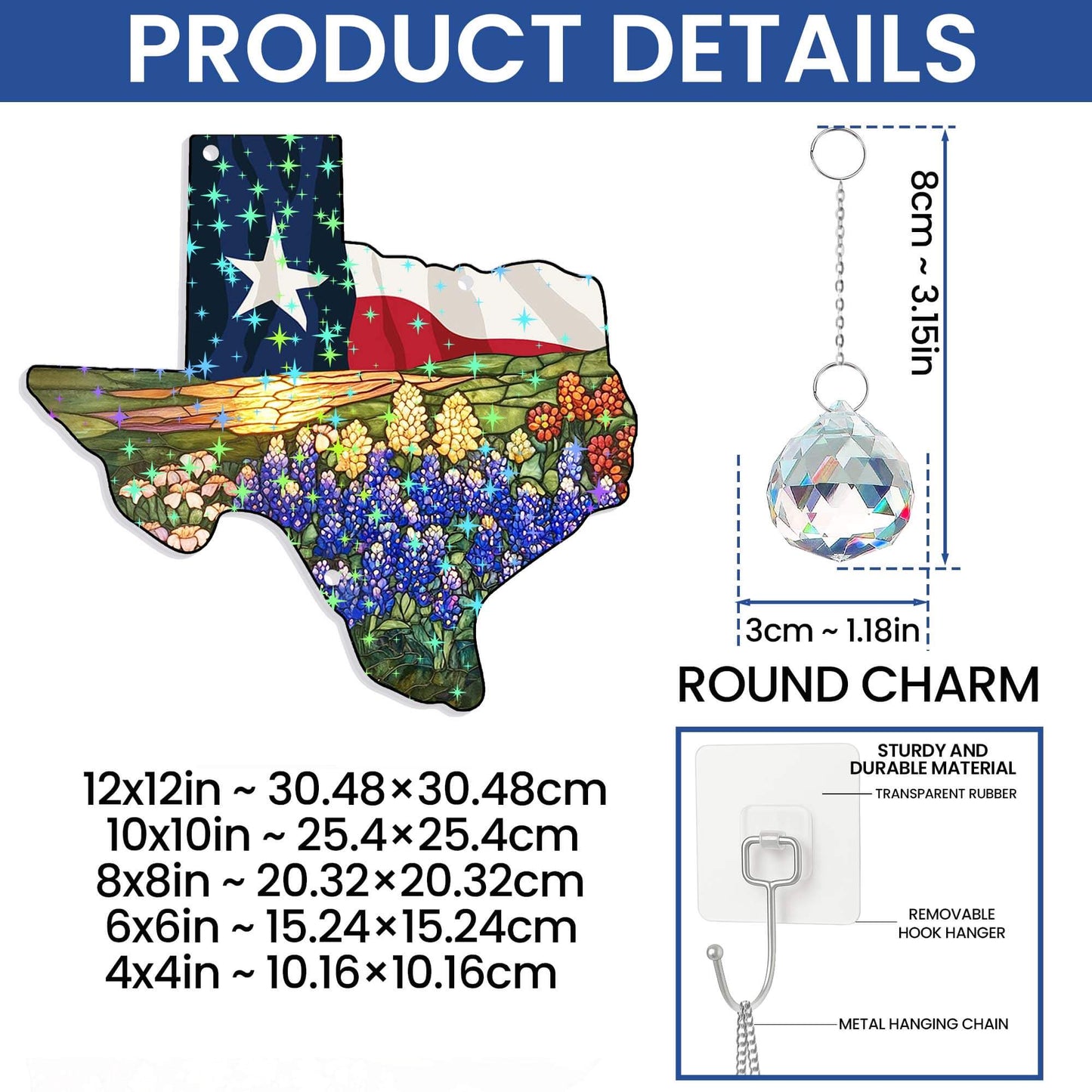Texas Flag and Bluebonnets Flower Hologram Window Hanging VTM1526TNB
