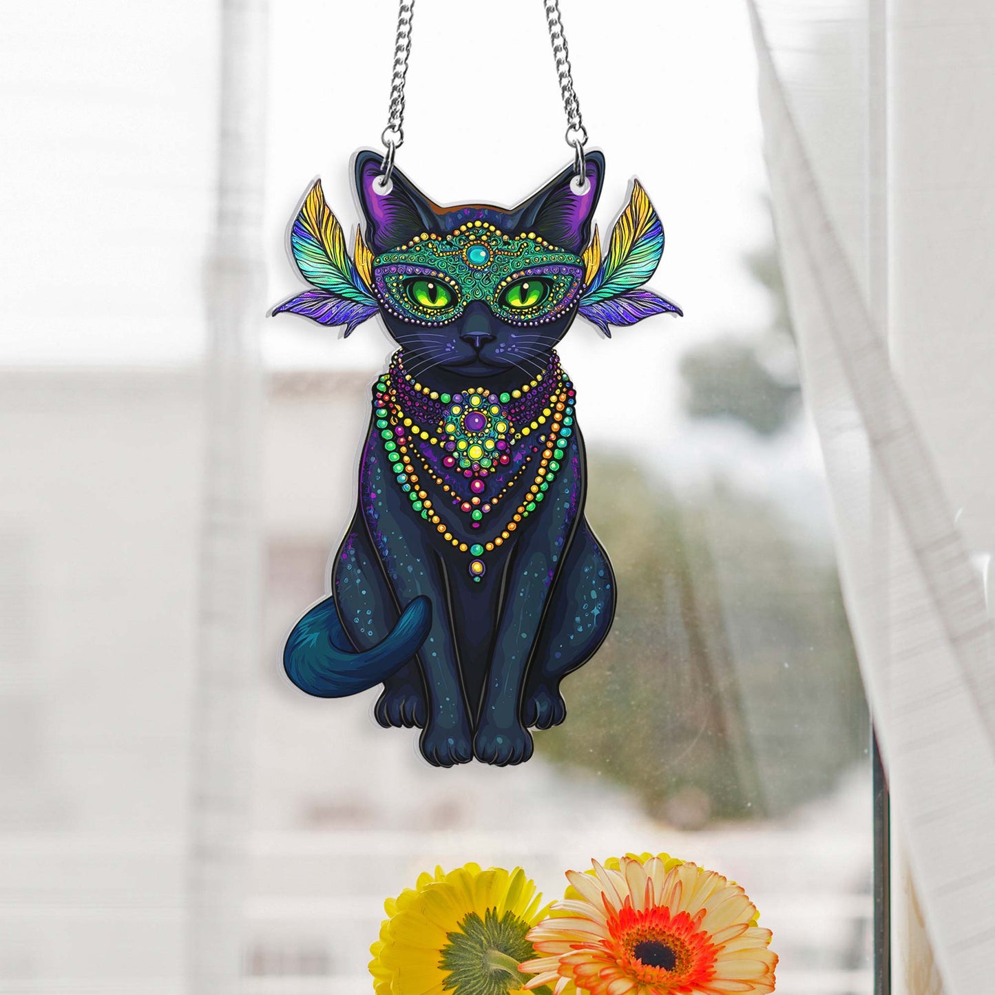 Black Cat Mardi Gras Suncatcher Acrylic Hanging Sign TQN4664AS