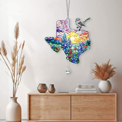Texas with Northern Mockingbird and Bluebonnet, Texas Hologram Window Hanging TPT2759TNB