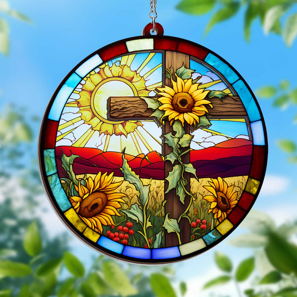 Christian Cross Sunflower 2 Layered Hanging Suncatcher MLN3886WH