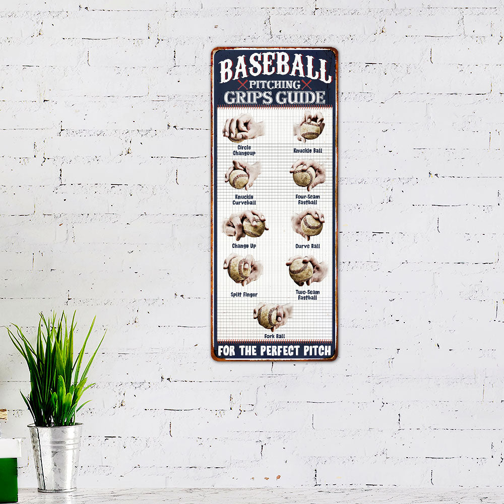Baseball Pitching Grips Hanging Metal Sign