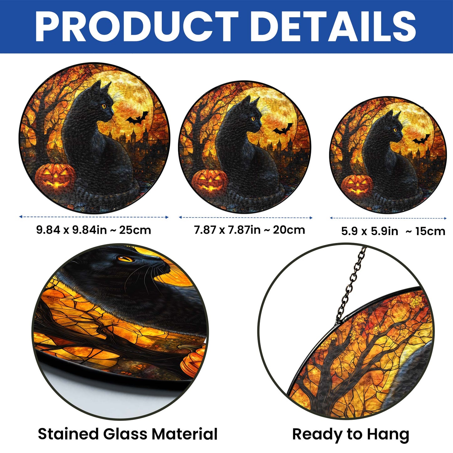 Black Cat Halloween Pumpkins Stained Glass Suncatcher MLN6311NGT