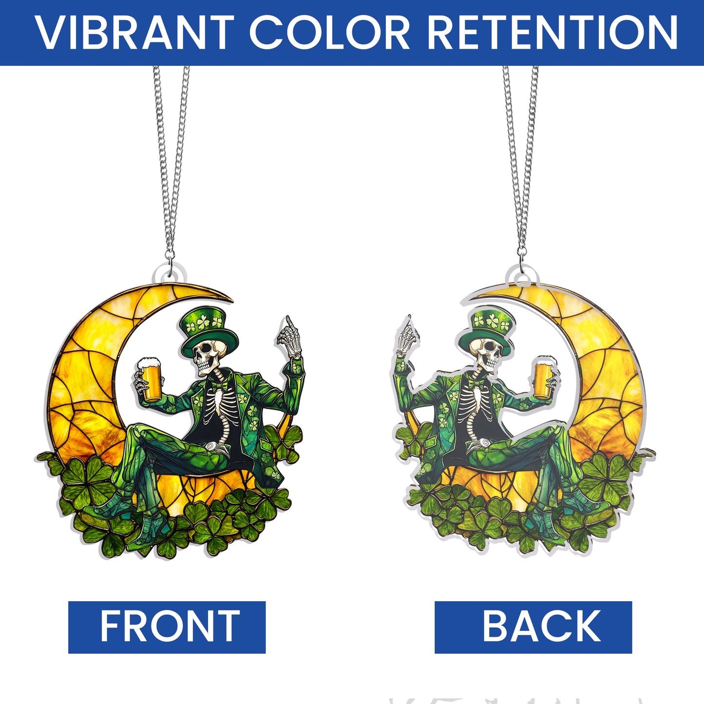 St Patrick's Day Skeleton On Moon Suncatcher Acrylic Hanging Sign VTM948AS