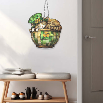 St. Patrick's Day Cat in Lucky Clover Pot Suncatcher Acrylic Hanging Sign MLN4770AS