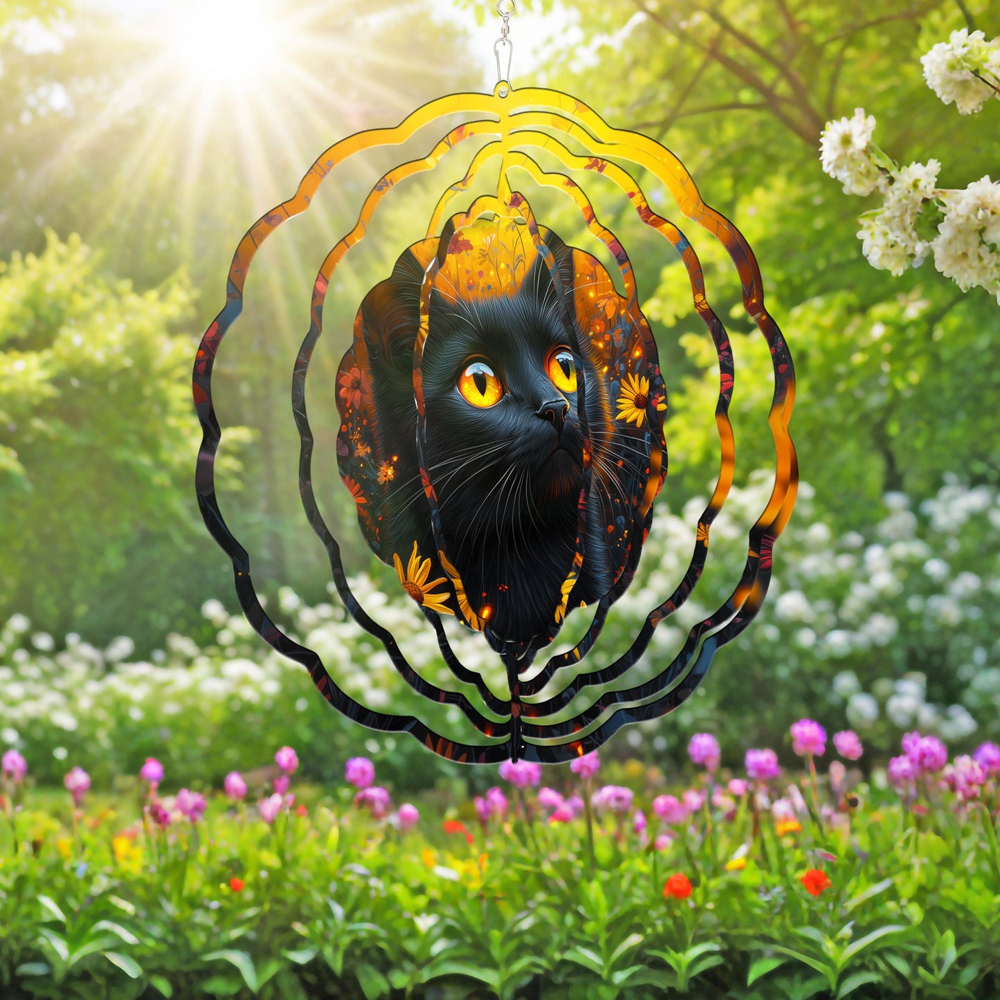 Black Cat In Flower Garden Wind Spinner VTM989WS