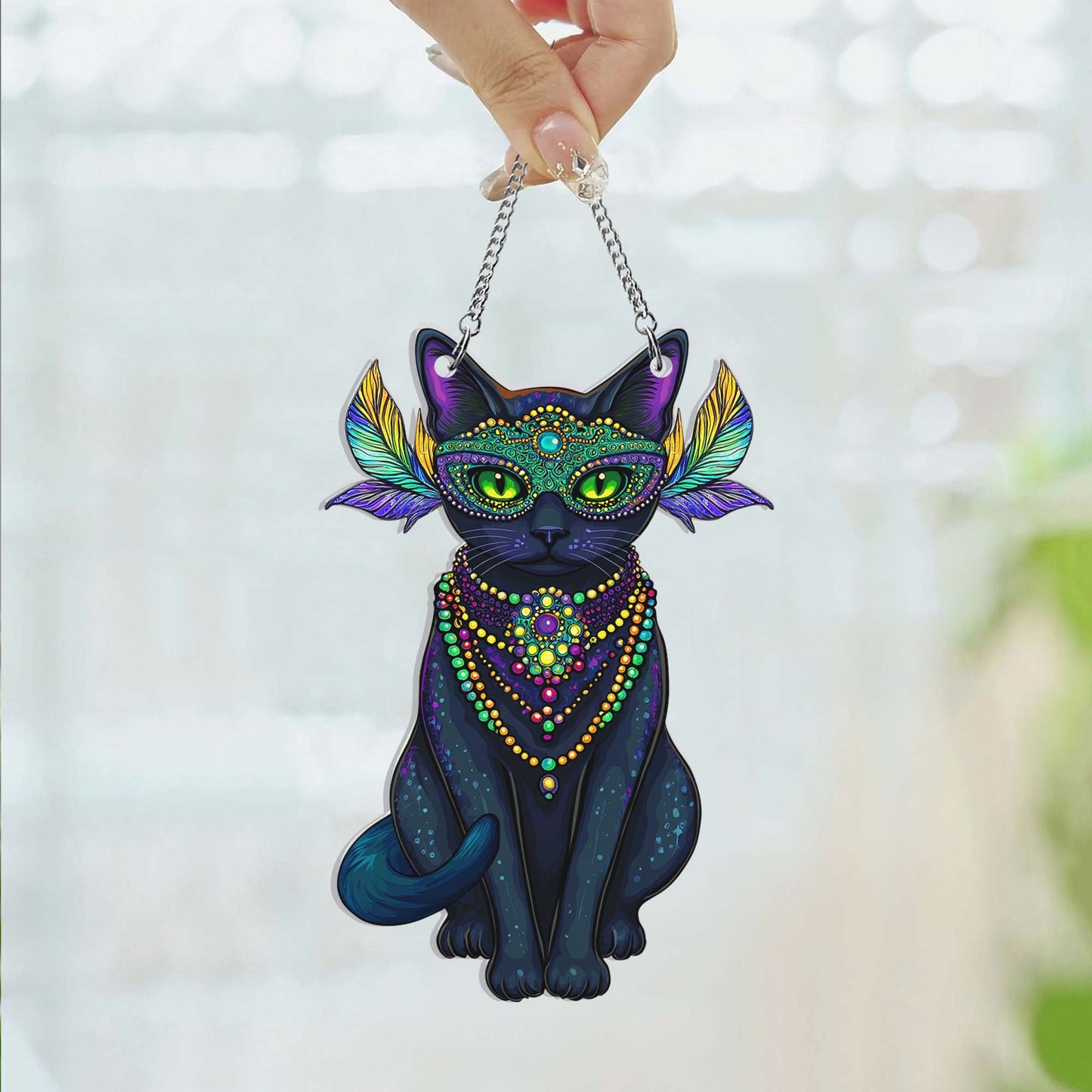 Black Cat Mardi Gras Suncatcher Acrylic Hanging Sign TQN4664AS