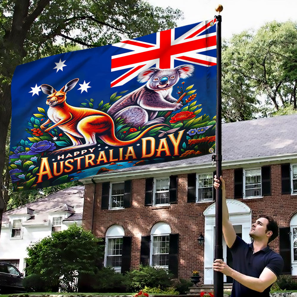 Australia Kangaroo and Koala Happy Australia Day Grommet Flag MLN2353GF