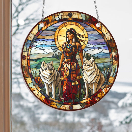 Native American Wolf Suncatcher Acrylic Hanging Sign TQN4674AS
