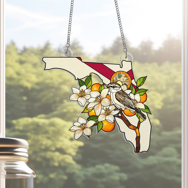 Florida Mockingbird & Orange Blossom Suncatcher - Hanging Sign Gift for State Pride & Nature Lovers VTM875AS