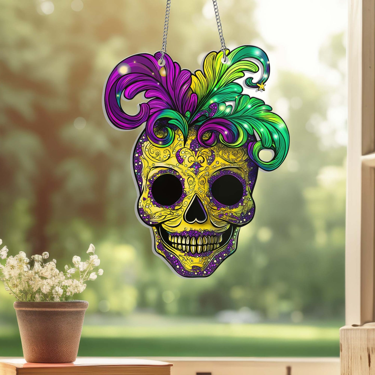Mardi Gras Skull Suncatcher Acrylic Window Hanging Sign TQN4617AS
