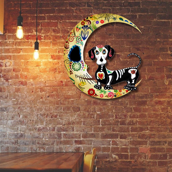 Dachshund Dog On The Moon Sugar Skull Hanging Metal Sign QNN678MSv4
